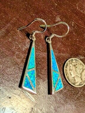 Sterling Silver Blue Opal Inlay Drop Earrings